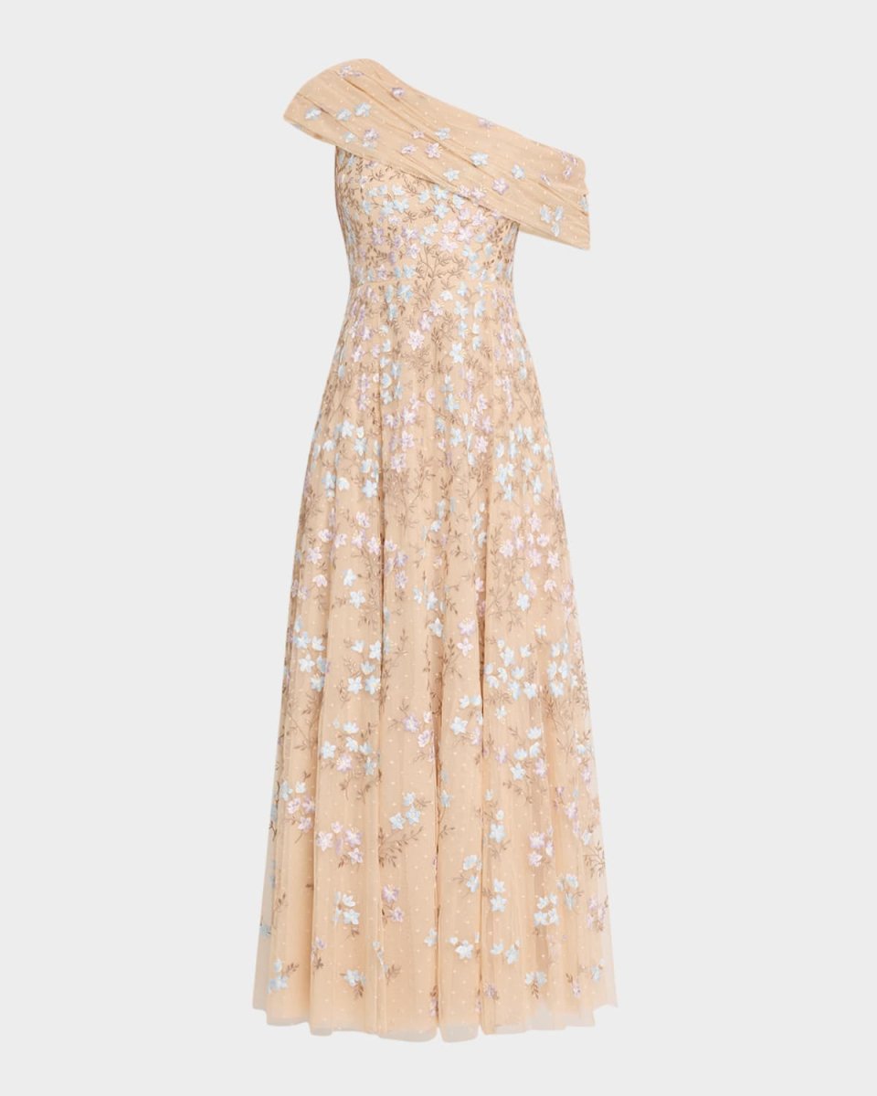Everett Bloom One-Shoulder Embroidered Gown